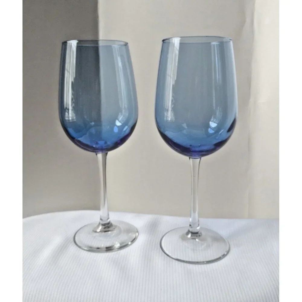 2 Pier One Vina Blue Wine Glasses Clear Stemmed 9.25